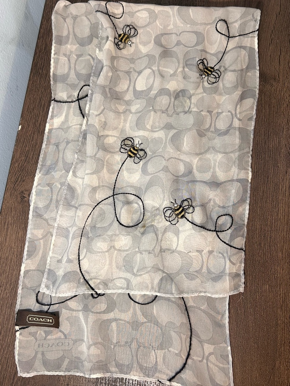 Coach Beige & Gray Signature Scarf with Embroidered Bees